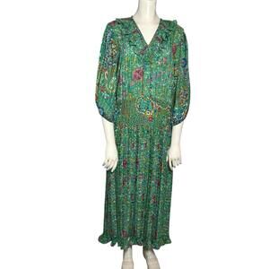 Vintage Diane Freis Green Floral Smocked Waist Midi Dress Boho 80s Women’s LARGE
